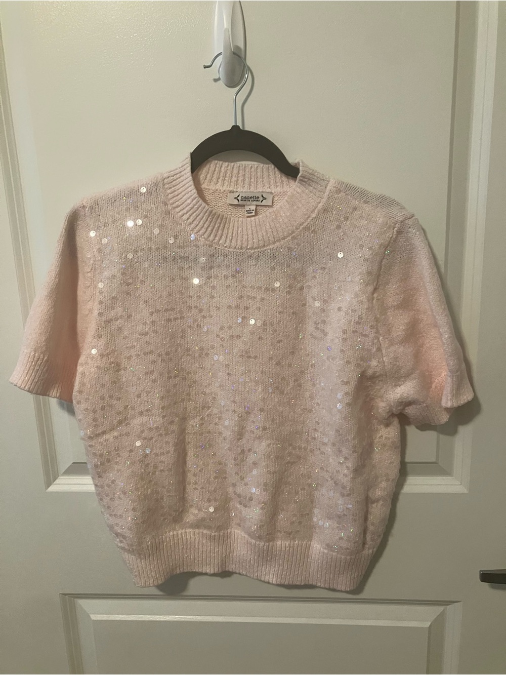 Nanette Lepore Pale Pink Sequin Short-Sleeve Crew Sweater